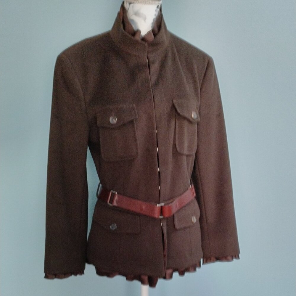 Strenesse Brown Wool-Cashmere  Military-Style Jacket with Silk Ruffle, US8